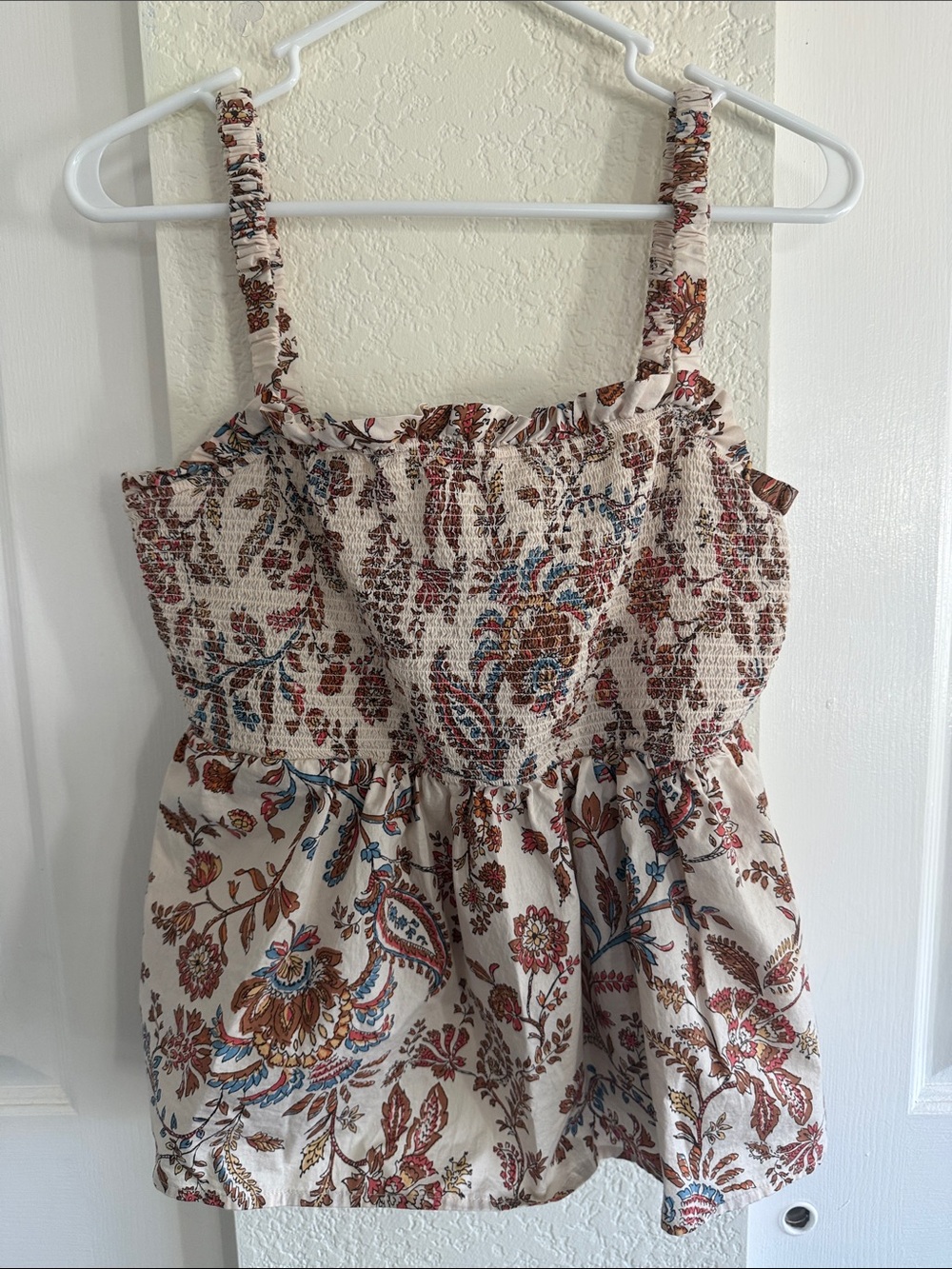 Old Navy Cream Smocked Tank with Rust and Light Blue Floral Print